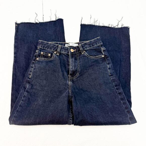 Zara Wide Leg Raw Hem Dark Wash Denim Jeans Contrast Stitch Size 2 MINT - Picture 4 of 8